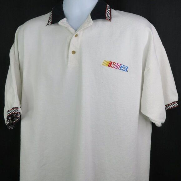 Nascar Polo Shirt Mens 2XL 100% Cotton Race Flag Trim White Black Check Red SS - Picture 2 of 12